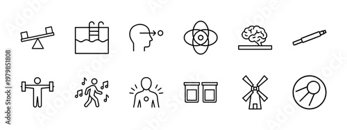 Science and physics minimalist outline icon grid with atomic and mechanical symbols