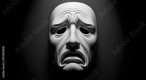 Generative AI illustration of a dramatic white theatrical mask depicting profound sadness and despair