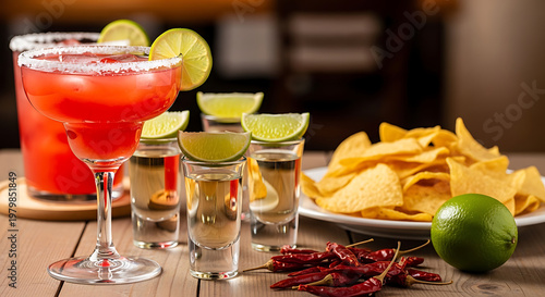 Red margarita cocktail with tequila shots lime and tortilla chips alcohol beverage