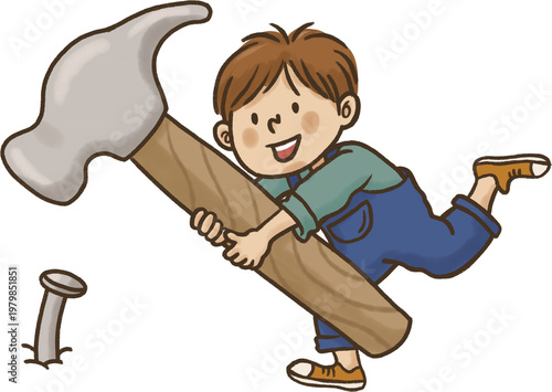 Boy with Hammer and Nail illustration.