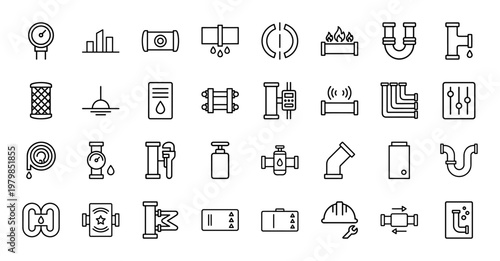 Minimalist plumbing and pipeline icons with valves, pipes, and industrial tools.