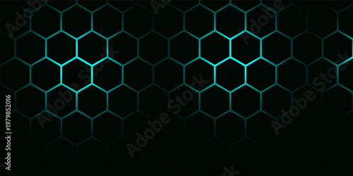 Hexagonal cyberspace green background. Hexagon grid tech pattern.