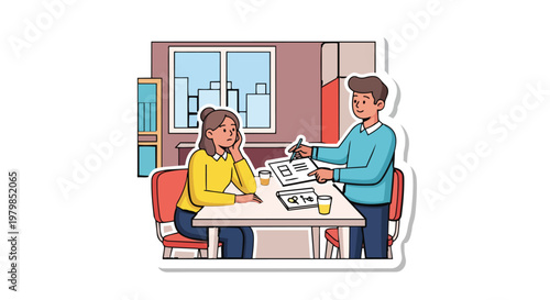 Man explaining document to bored woman at table