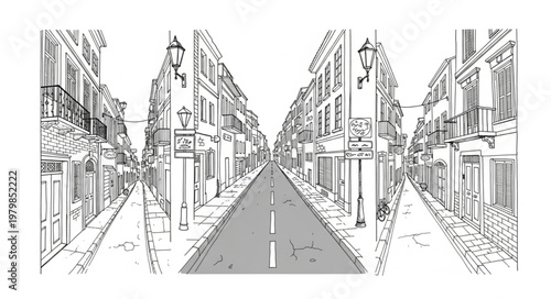 Sketch of an empty European street with buildings and road.
