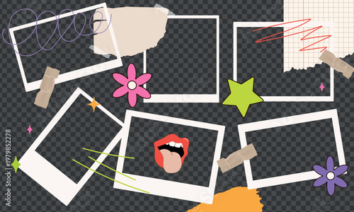 Photo y2k frames and paper collage elements for scrapbook projects. Vintage stickers, torn notes, retro camera designs for nostalgic memory, journals, albums, posters. Isolated vector illustration