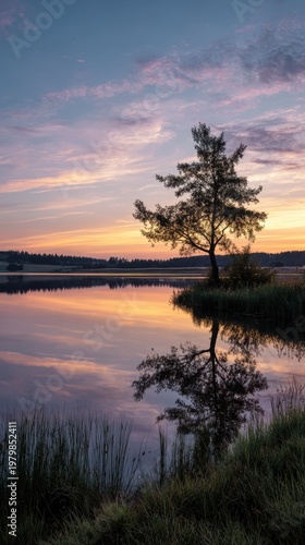 Serene Sunset Reflection on Calm Lake with Isolated Tree