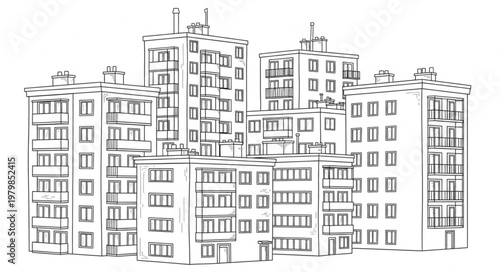 Sketch of Apartment Buildings in a City.