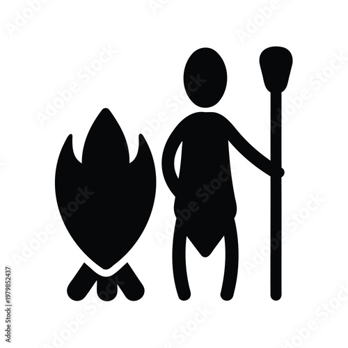 Primitive man, campfire, vector icon, black silhouette, outdoor adventure, wilderness symbol