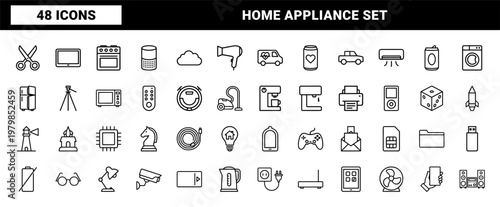 Minimalist smart home and electronics line icons set