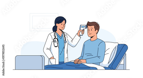 Doctor checking patient's temperature in hospital room illustration