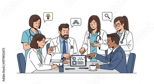 Medical team collaborating on patient diagnosis in hospital meeting