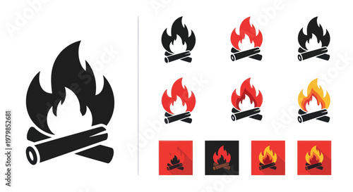 Campfire Icons Set: Flames, Burning Logs, Fire Pit Symbols