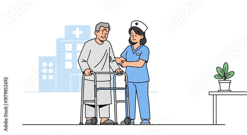 Nurse assisting elderly patient with walker in healthcare setting