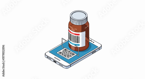 Isometric Illustration of Medicine Bottle on Smartphone Screen with QR Code for E-Pharmacy and Digital Healthcare Concept