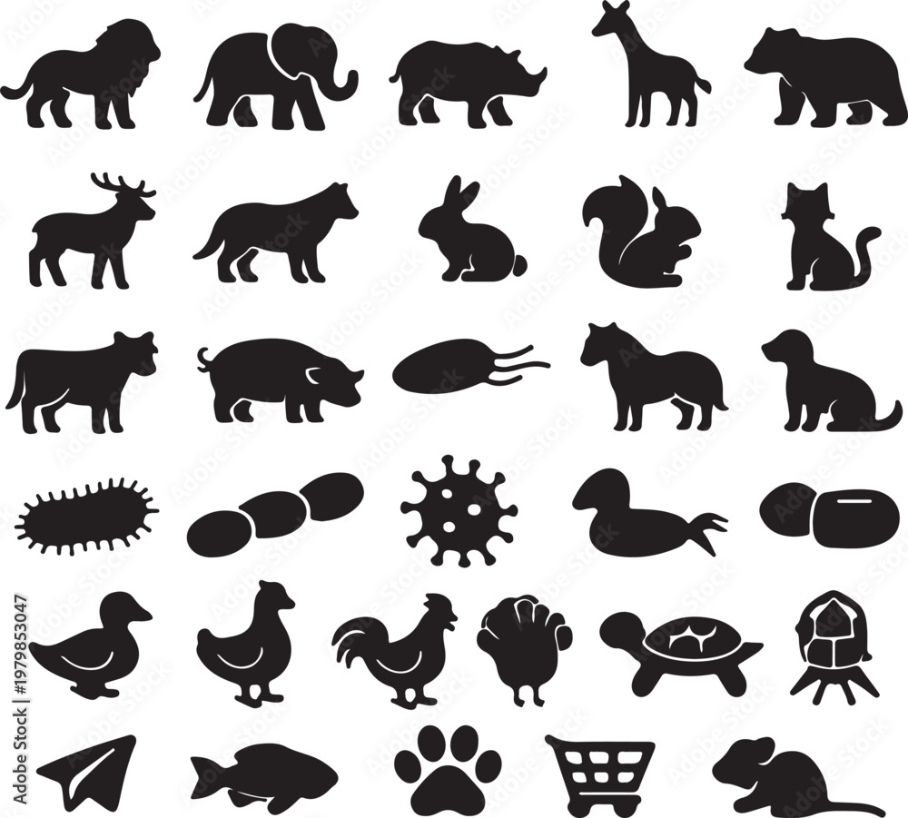 Fototapeta premium Collection of Diverse Animal Silhouettes and Microbe Icons, Flat Design Vector Illustration