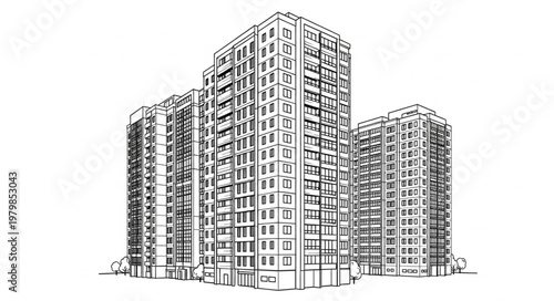 Sketch of tall apartment buildings in a city.