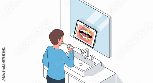 Man Brushing Teeth Using Smart Digital Mirror Tablet App for Dental Hygiene and Oral Care Health Tracking