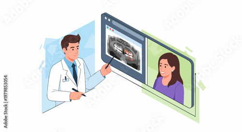 Male Dentist Explaining Dental X-ray to Patient via Online Video Consultation, Telemedicine for Dental Care Concept