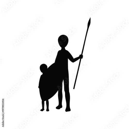 African warrior, tribal silhouette, shield bearer, spearman icon