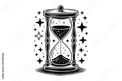 Black and white hourglass with stars and celestial