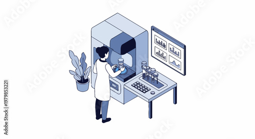 Isometric Laboratory Illustration of Female Scientist Working with Advanced Medical Research Equipment and Data Analysis Charts