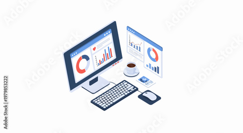 Isometric Business Data Analysis Workstation with Computer Monitor Displaying Charts, Graphs, and Financial Analytics Dashboard on White Background