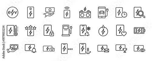 Electric vehicle charging and battery power line icon set