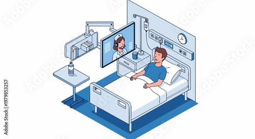 Telemedicine and Remote Patient Care Isometric Illustration: Patient in Hospital Bed Talking to Nurse via Video Call