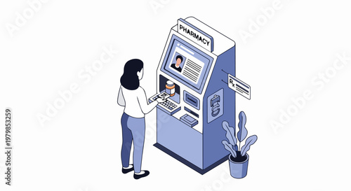 Isometric Illustration of a Woman Using an Automated Pharmacy Kiosk for Prescription Pick-up and Digital Medication Dispensing Services