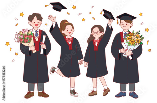 졸업 학사모를 던지며 축하하는 학생들 캐릭터 세트, 졸업식 동화 삽화 및 교육용 일러스트 Happy Students Throwing Graduation Caps in the Air, Graduation Ceremony Character Illustration for Educational and Editorial Use