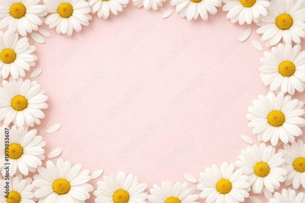 Obraz premium White daisy flowers arranged in a rectangular frame border on a solid pastel pink background, with scattered loose, petals around the edges