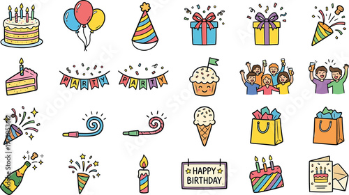 A colorful illustration of various birthday icons and symbols    Ai, eps, jpg, transparent background, png