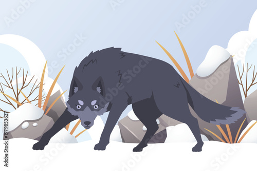 A cartoon black wolf standing on snowy ground