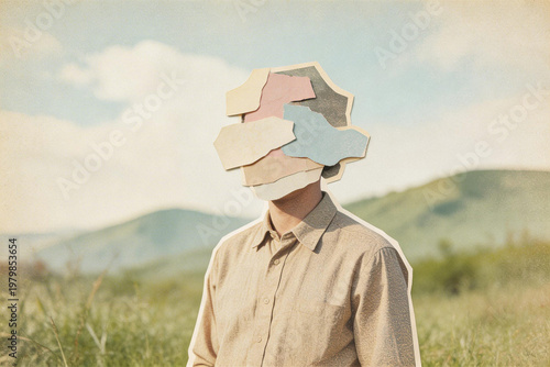 grainy vintage photo and paper collage of faceless person with obscured identity