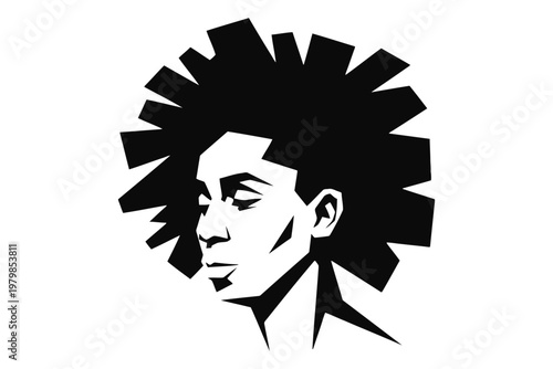 Black and white stylized of a person with a mohawk hairstyle silhouette
