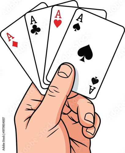 A hand holding four aces from a deck of playing cards in a winning poker hand.
