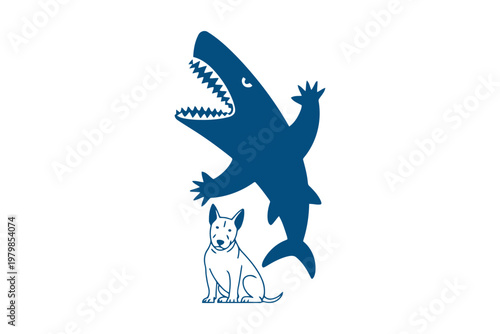 Blue shark shadow looming over small white dog sitting on the ground