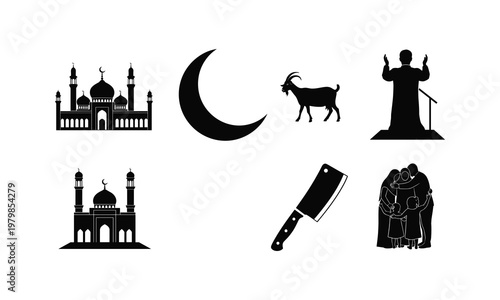 Eid al adha vector silhouette illustration concept with mosque, crescent moon, and goat