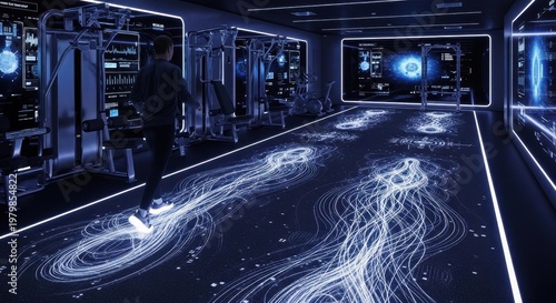 Futuristic gym with interactive digital floor and high-tech workout equipment