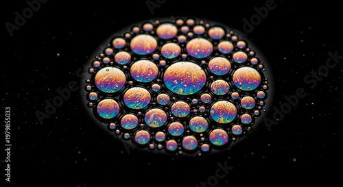 Iridescent Oil Bubbles Clustered on a Dark Surface Displaying Vibrant Colors and Abstract Patterns