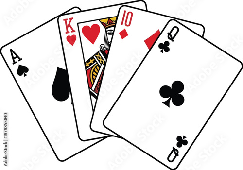 A fan of four playing cards including the ace of spades king of hearts ten of diamonds and queen of clubs