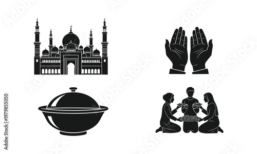 Mosque, praying hands, food dish, family vector silhouette illustration