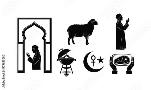 Qurban sacrifice vector silhouette illustration with sheep bbq grill meat and praying man