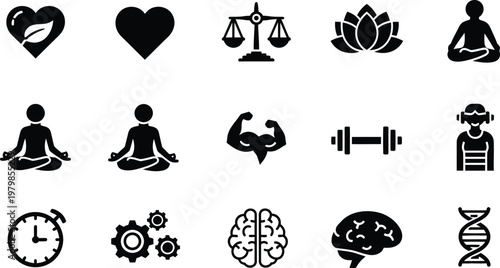 Icons representing health fitness wellbeing with health food meditating person health care wellbeing meditation genetics