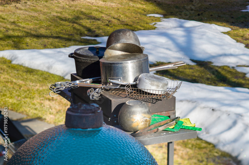 washed casseroles in outdoor kitchen