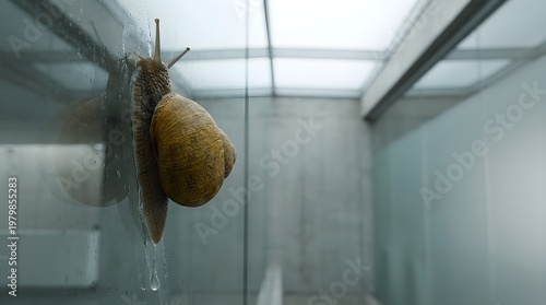 Ochre snail with earthy tones slowly climbs a vertical glass surface with a glistening trail