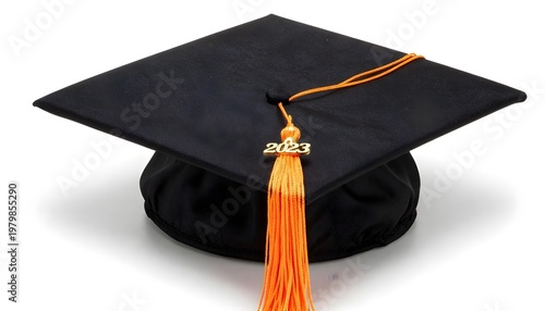 Black graduation cap with orange tassel and 2023 charm on a white background