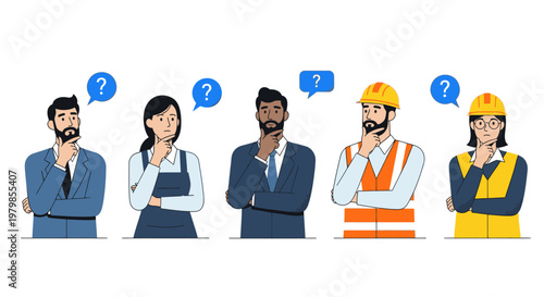 Confused workers with question marks thinking