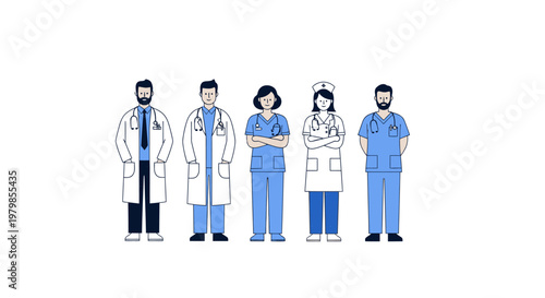 Medical professionals standing in a line, doctors and nurses in scrubs and lab coats