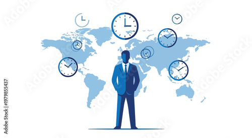 The image shows a blue silhouette of a businessman standing in front of a world map with several clocks, representing global time zones.